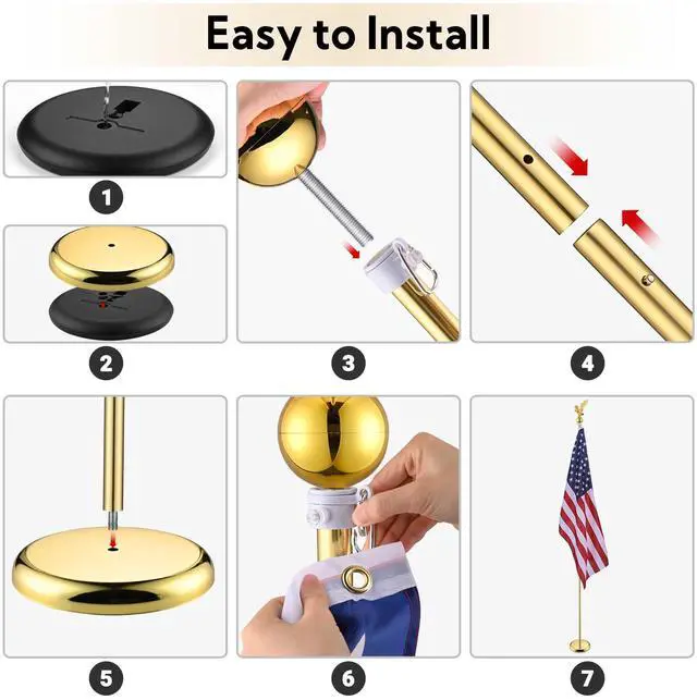 Alt view image 5 of 7 - Yescom 8Ft Indoor Flag Pole Kit Eagle Topper Aluminum Gold Pole w/ Base US Flag 4 Pack