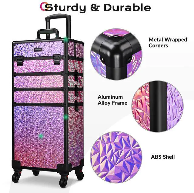 Alt view image 3 of 7 - Byootique Rolling Makeup Train Case 3-Piece Cosmetic Organizer Kit Trolley Organizer Travel Case Lockable Salon Barber Case Traveling Cart Trunk with Wheels for Makeup Artist Trave Nail,Mermaid Pink