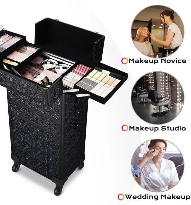 Alt view image 2 of 7 - Byootique 4in1 Rolling Makeup Train Case Cosmetic Organizer Wheel Mermaid Black