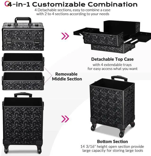 Alt view image 3 of 7 - Byootique 4in1 Rolling Makeup Train Case Cosmetic Organizer Wheel Mermaid Black