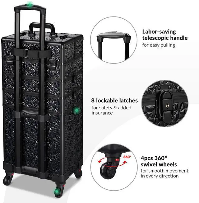 Alt view image 4 of 7 - Byootique 4in1 Rolling Makeup Train Case Cosmetic Organizer Wheel Mermaid Black