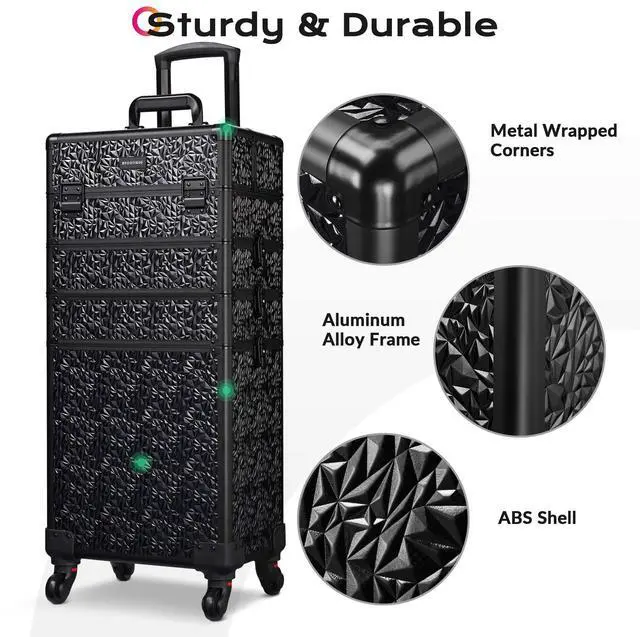 Alt view image 5 of 7 - Byootique 4in1 Rolling Makeup Train Case Cosmetic Organizer Wheel Mermaid Black
