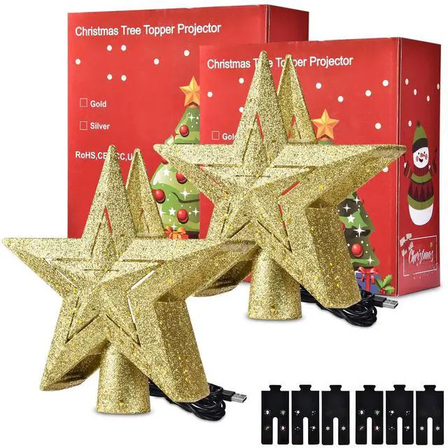 Alt view image 5 of 7 - Yescom 2 Pack Christmas Tree Topper Star,3D Snowflake Rotating Projector,LED Lights,Golden Star Xmas Party Holiday Decorations