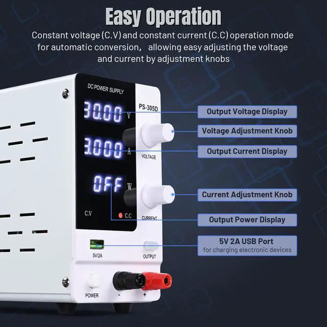Alt view image 5 of 7 - DC Power Supply Variable 30V 5A Adjustable High Precision Digital w/Power Cord
