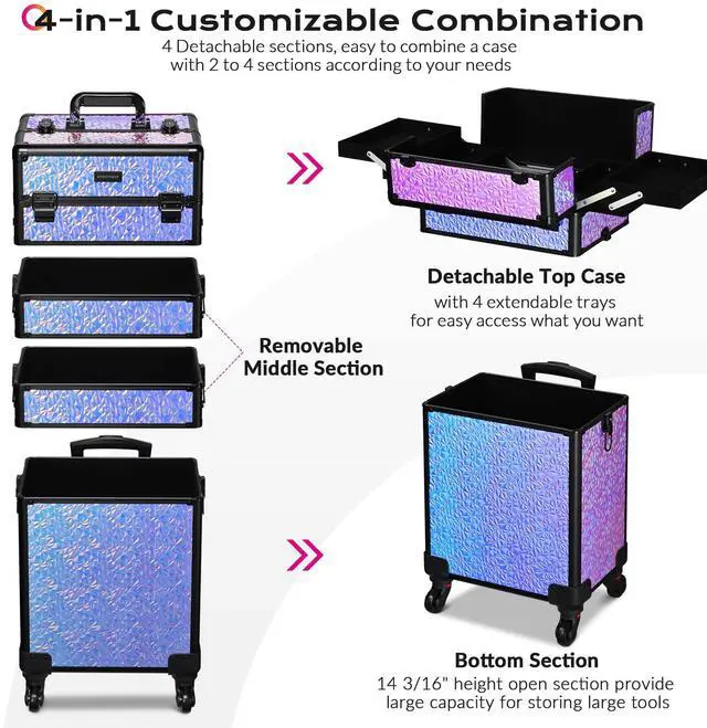 Alt view image 3 of 7 - Byootique Mermaid Purple 4in1 Rolling Makeup Train Case Cosmetic Organizer Wheel