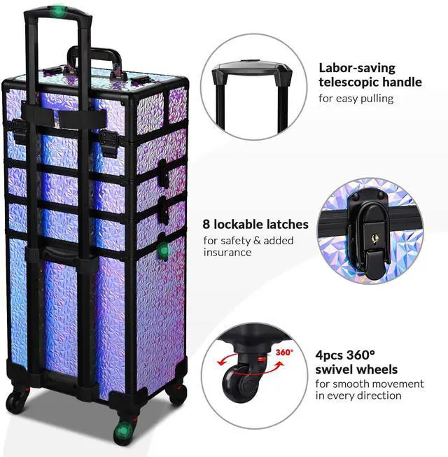 Alt view image 4 of 7 - Byootique Mermaid Purple 4in1 Rolling Makeup Train Case Cosmetic Organizer Wheel