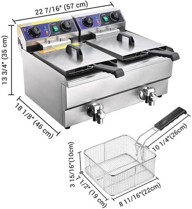 Alt view image 6 of 6 - Commercial Electric 23.4L Deep Fryer Dual Tank w/ Timer and Drain Reset Button French Fry Restaurant