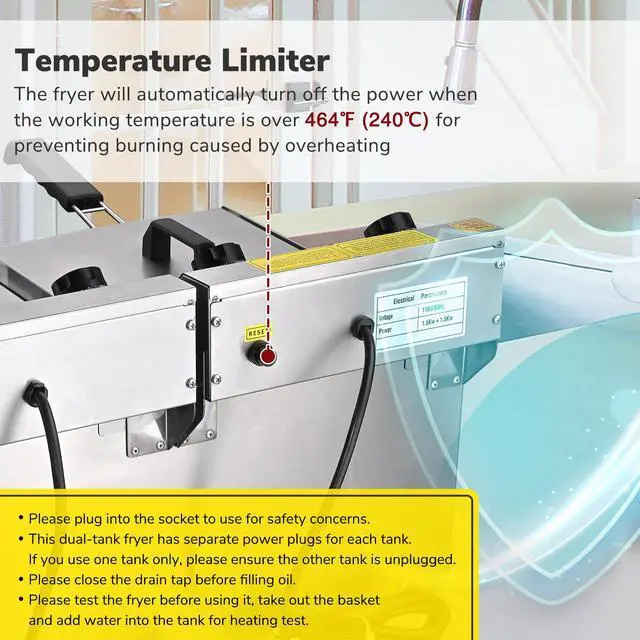 Alt view image 4 of 6 - Commercial Electric 23.4L Deep Fryer Dual Tank w/ Timer and Drain Reset Button French Fry Restaurant