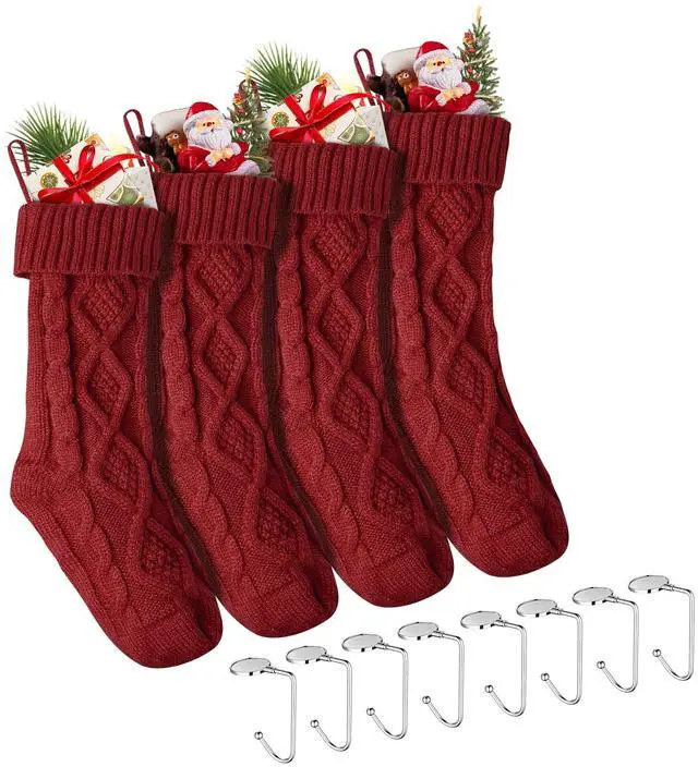 Main image of Yescom 4 Pack Christmas Stockings & 8 Pack Stocking Holders Kit Handmade Red