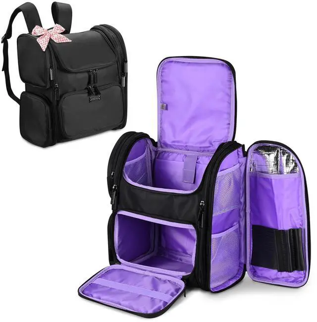 Main image of Byootique Portable Soft Sided Makeup Backpack Travel Barber Cosmetic Storage Organizer Travel with Removable Pouch for Makeup Artist Hairstylist, Purple