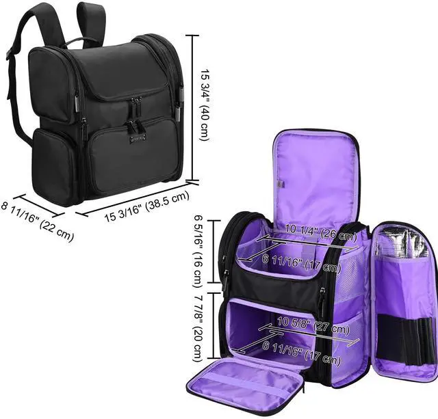Alt view image 2 of 7 - Byootique Portable Soft Sided Makeup Backpack Travel Barber Cosmetic Storage Organizer Travel with Removable Pouch for Makeup Artist Hairstylist, Purple