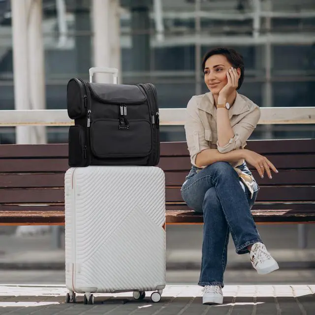 Alt view image 3 of 7 - Byootique Portable Soft Sided Makeup Backpack Travel Barber Cosmetic Storage Organizer Travel with Removable Pouch for Makeup Artist Hairstylist, Purple