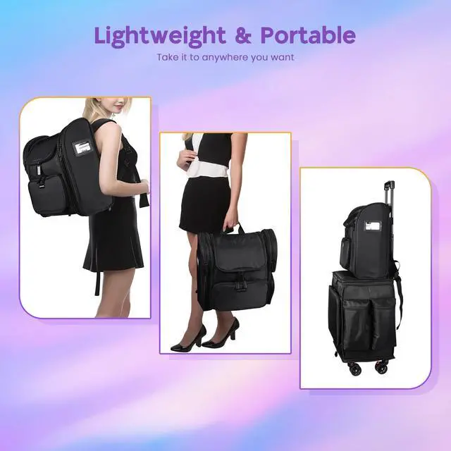 Alt view image 4 of 7 - Byootique Portable Soft Sided Makeup Backpack Travel Barber Cosmetic Storage Organizer Travel with Removable Pouch for Makeup Artist Hairstylist, Purple