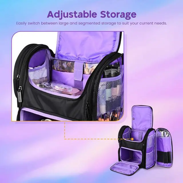 Alt view image 5 of 7 - Byootique Portable Soft Sided Makeup Backpack Travel Barber Cosmetic Storage Organizer Travel with Removable Pouch for Makeup Artist Hairstylist, Purple