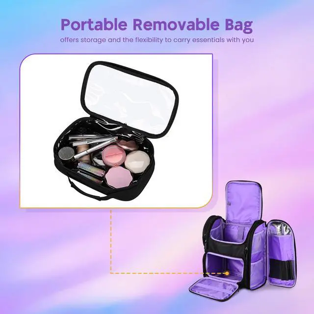 Alt view image 7 of 7 - Byootique Portable Soft Sided Makeup Backpack Travel Barber Cosmetic Storage Organizer Travel with Removable Pouch for Makeup Artist Hairstylist, Purple