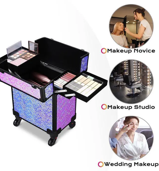 Alt view image 2 of 7 - Byootique Rolling Makeup Train Case Cosmetic Trolley Organizer Mermaid Purple