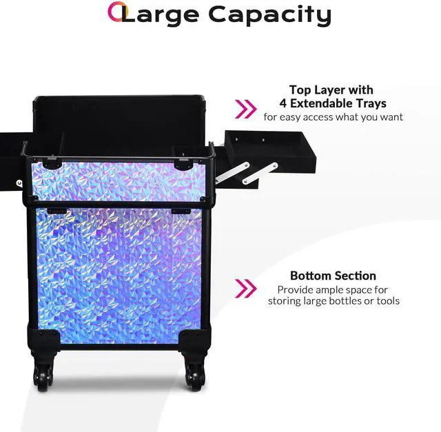 Alt view image 3 of 7 - Byootique Rolling Makeup Train Case Cosmetic Trolley Organizer Mermaid Purple