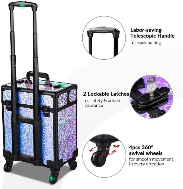 Alt view image 4 of 7 - Byootique Rolling Makeup Train Case Cosmetic Trolley Organizer Mermaid Purple