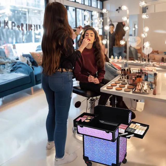 Alt view image 7 of 7 - Byootique Rolling Makeup Train Case Cosmetic Trolley Organizer Mermaid Purple