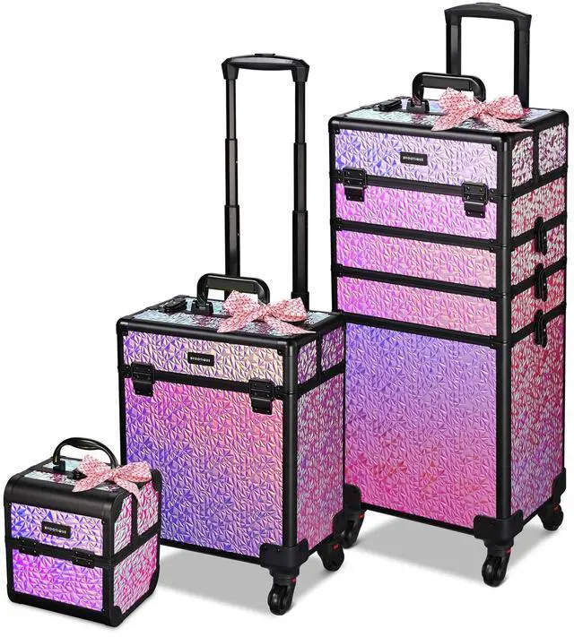 Main image of Byootique Rolling Makeup Train Case 3-Piece Cosmetic Organizer Kit Trolley Organizer Travel Case Lockable Salon Barber Case Traveling Cart Trunk with Wheels for Makeup Artist Trave Nail,Mermaid Pink