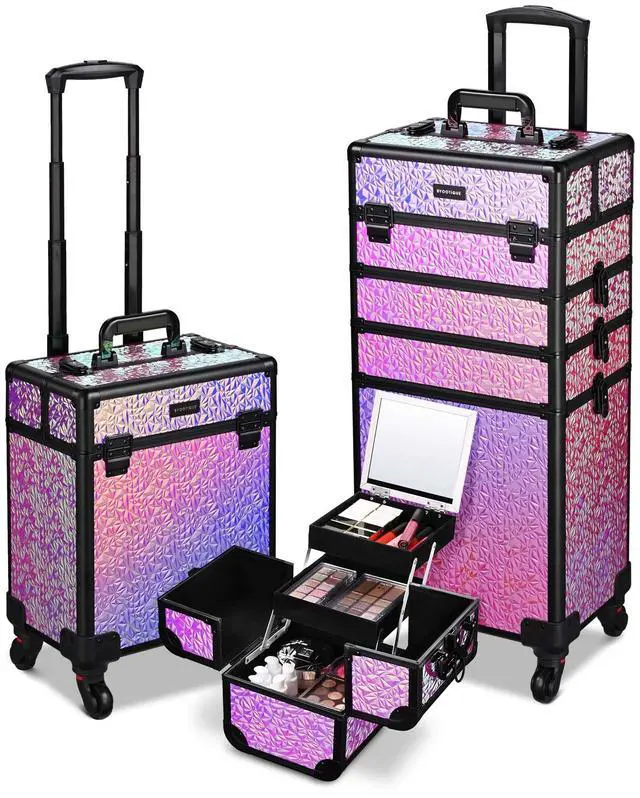 Alt view image 2 of 7 - Byootique Rolling Makeup Train Case 3-Piece Cosmetic Organizer Kit Trolley Organizer Travel Case Lockable Salon Barber Case Traveling Cart Trunk with Wheels for Makeup Artist Trave Nail,Mermaid Pink