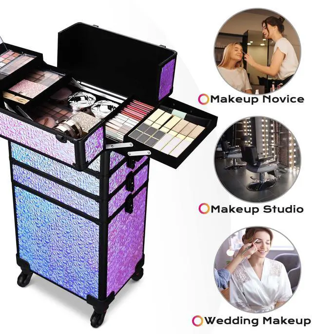 Alt view image 2 of 7 - Byootique Mermaid Purple 4in1 Rolling Makeup Train Case Cosmetic Organizer Wheel