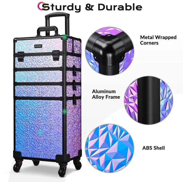 Alt view image 5 of 7 - Byootique Mermaid Purple 4in1 Rolling Makeup Train Case Cosmetic Organizer Wheel