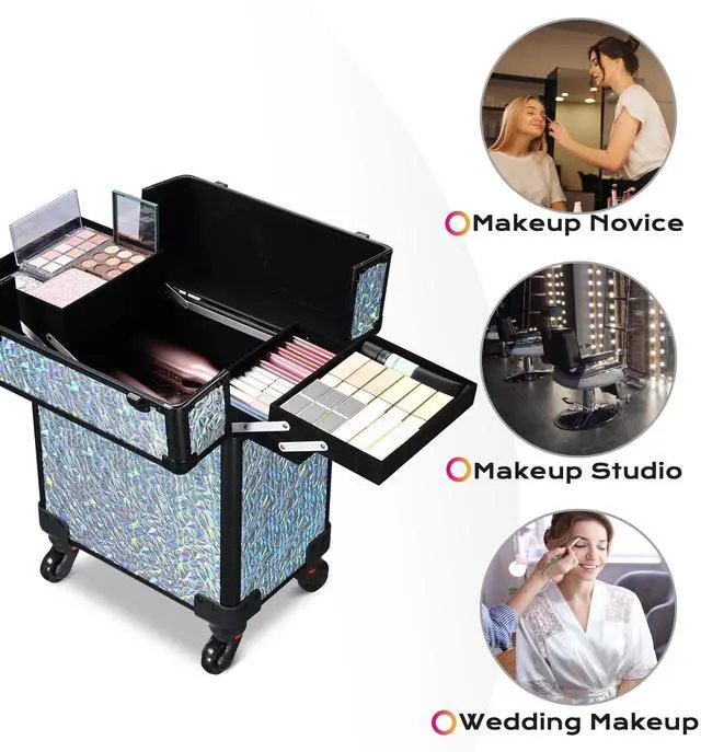 Alt view image 2 of 7 - Byootique Rolling Makeup Train Case Cosmetic Trolley Organizer Mermaid Silver