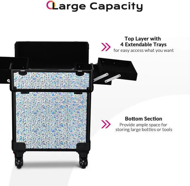 Alt view image 3 of 7 - Byootique Rolling Makeup Train Case Cosmetic Trolley Organizer Mermaid Silver