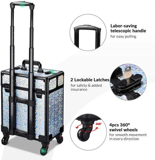 Alt view image 4 of 7 - Byootique Rolling Makeup Train Case Cosmetic Trolley Organizer Mermaid Silver