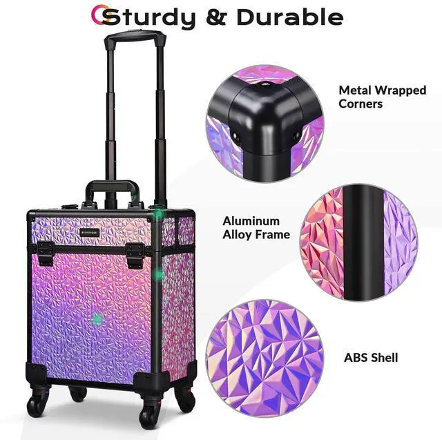 Alt view image 4 of 7 - Byootique Rolling Makeup Train Case 3-Piece Cosmetic Organizer Kit Trolley Organizer Travel Case Lockable Salon Barber Case Traveling Cart Trunk with Wheels for Makeup Artist Trave Nail,Mermaid Pink