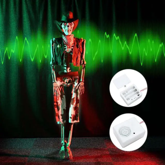 Alt view image 3 of 5 - Yescom Life Size Skeleton Poseable with Halloween Lights, Full Size Western Cowboy Skeleton with Glowing Eyes 5.4 Ft for Halloween Party Decorations Haunted House Props 2025