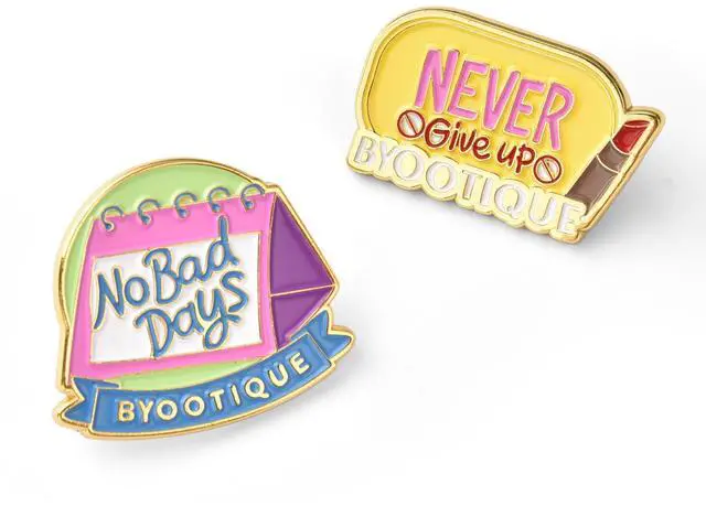 Main image of Byootique Inspirational Quote Badge Set Pin Brooch Enamel for Makeup Bag 2 Packs