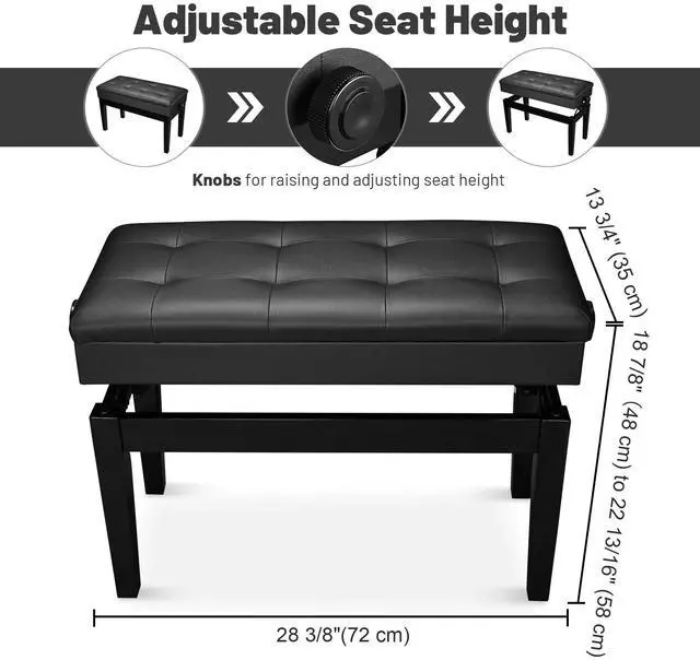 Alt view image 2 of 7 - Yescom Adjustable Duet Piano Bench PU Leather Padded Wooden Keyboard Storage
