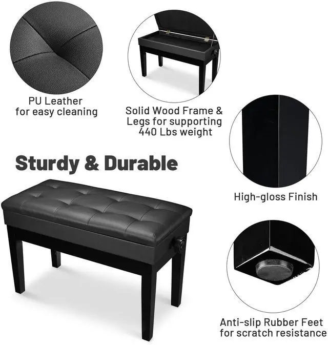 Alt view image 4 of 7 - Yescom Adjustable Duet Piano Bench PU Leather Padded Wooden Keyboard Storage