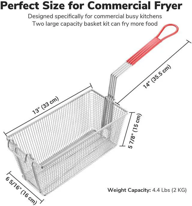 Alt view image 5 of 7 - WeChef 2Pcs Deep Fryer Baskets with non-slip Handle 13" x 6 5/16" x 5 7/8" Nickel Plating Heavy Duty Construction Fryer Basket for Commercial Restaurant Roadside Stall Red