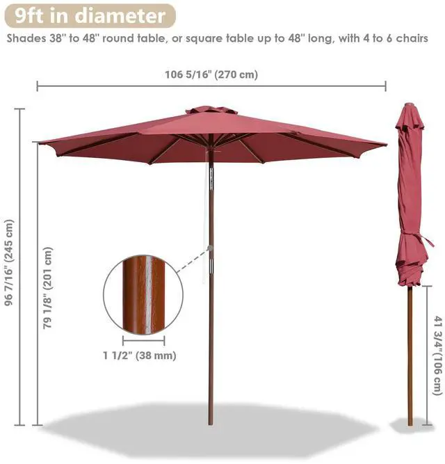 Alt view image 6 of 7 - 9ft Wooden Patio Umbrella 8 Ribs Outdoor Garden Parasol Beach Sunshade Easy Tilt