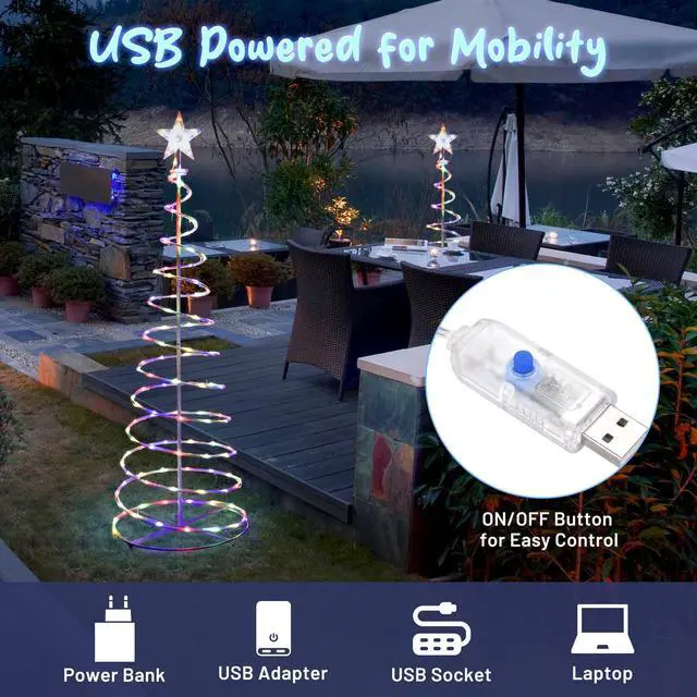 Alt view image 4 of 7 - Yescom Twinkle 5Ft Spiral Christmas Tree Light 182 LED 8model USB Powered Indoor Outdoor Yard Party Decor Multi-color
