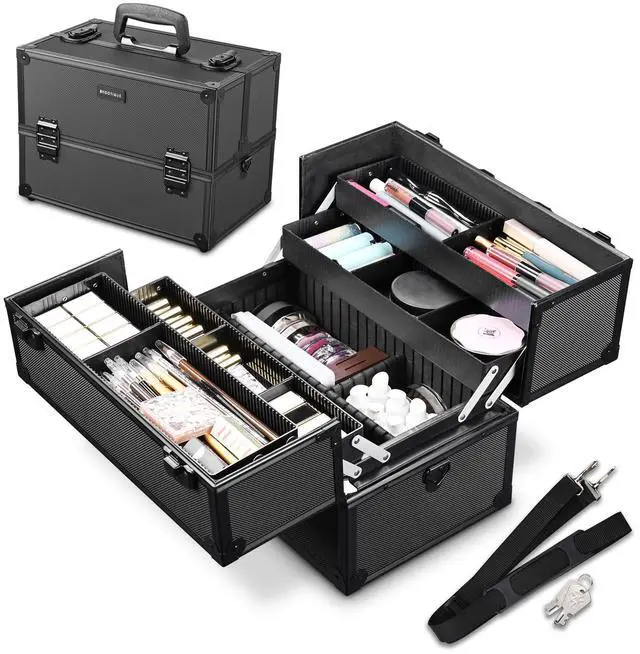 Main image of AW Pro Lockable Aluminum Makeup Case Cosmetic Storage Box w/ Tiers Jewelry Bag Black