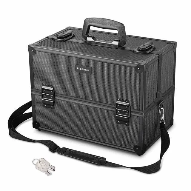Alt view image 2 of 7 - AW Pro Lockable Aluminum Makeup Case Cosmetic Storage Box w/ Tiers Jewelry Bag Black