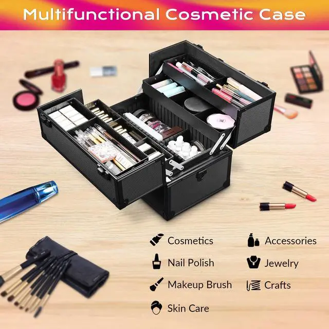 Alt view image 3 of 7 - AW Pro Lockable Aluminum Makeup Case Cosmetic Storage Box w/ Tiers Jewelry Bag Black