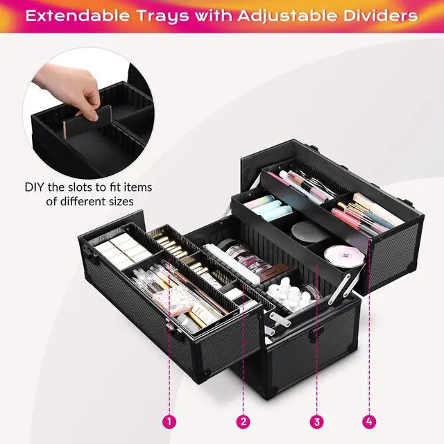 Alt view image 4 of 7 - AW Pro Lockable Aluminum Makeup Case Cosmetic Storage Box w/ Tiers Jewelry Bag Black