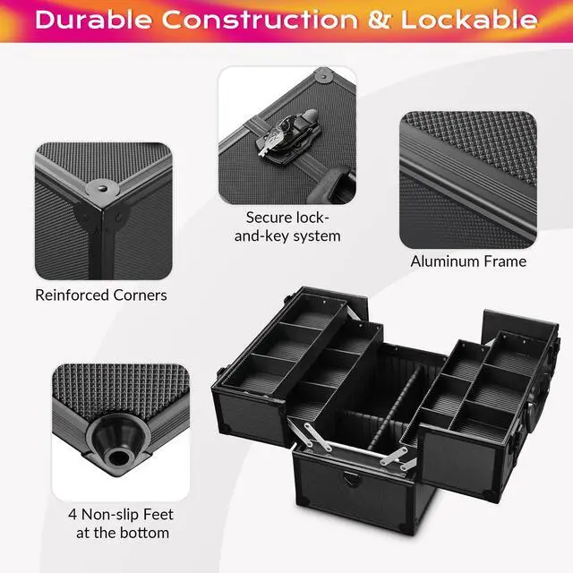 Alt view image 5 of 7 - AW Pro Lockable Aluminum Makeup Case Cosmetic Storage Box w/ Tiers Jewelry Bag Black