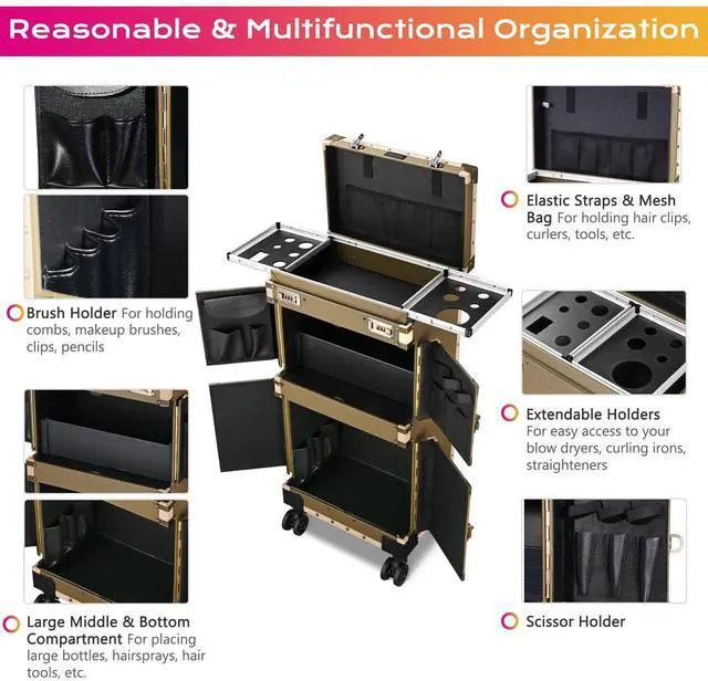 Alt view image 3 of 7 - Byootique Bronze Pro XL Rolling Makeup Stylist Train Case Hair Salon Clipper Trimmer Box