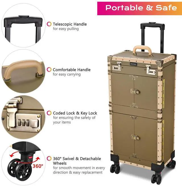 Alt view image 4 of 7 - Byootique Bronze Pro XL Rolling Makeup Stylist Train Case Hair Salon Clipper Trimmer Box