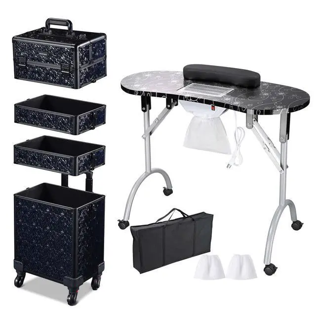 Alt view image 2 of 7 - Byootique Folding Manicure Nail Table 4in1 Rolling Makeup Train Case Mermaid