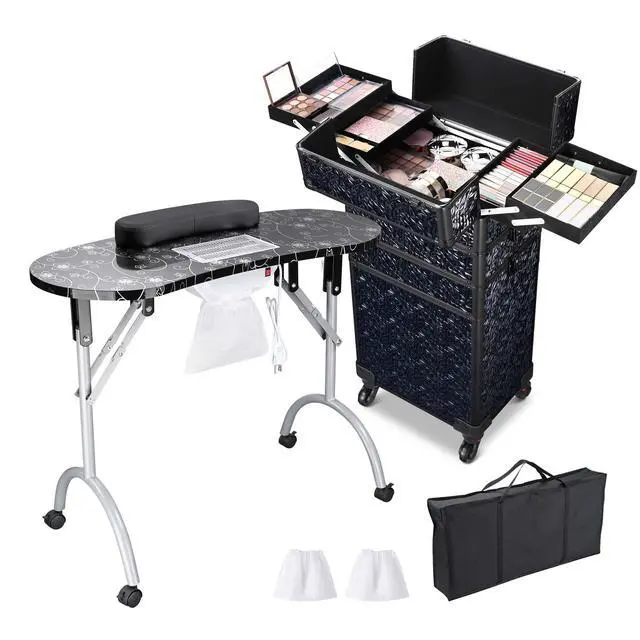 Alt view image 3 of 7 - Byootique Folding Manicure Nail Table 4in1 Rolling Makeup Train Case Mermaid