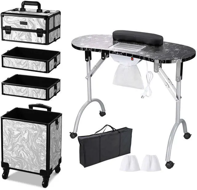 Alt view image 2 of 7 - Byootique Folding Manicure Nail Table w/ 4in1 Rolling Makeup Case CB Graystone