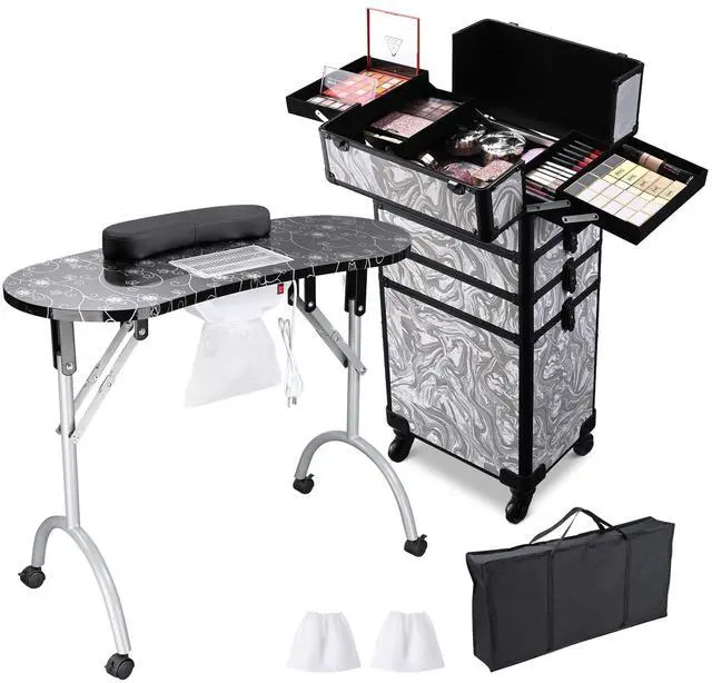 Alt view image 3 of 7 - Byootique Folding Manicure Nail Table w/ 4in1 Rolling Makeup Case CB Graystone