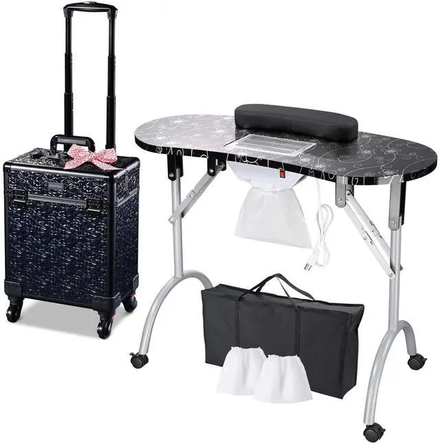 Main image of Byootique Manicure Table Nail Desk & Rolling Makeup Train Case Kit Mermaid Black